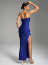 Fuaheng V-Neck Strapless Rhinestone-Embellished Long Dress, Minimalist Luxury Navy Blue Evening Gown